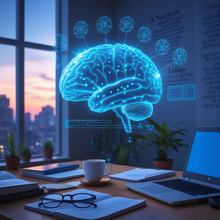 Digital showing futuristic glowing brain hologram above a desk with laptop and books keywords: brain, hologram, futuristic, technology, science, artificial intelligence, ai, learning, knowledge, data, digital, network, connection, mind, cognition, intelligence, innovation, research, study, education, office, desk, laptop, books, coffee cup, eyeglasses, plants, window, cityscape, twilight, blue, glowing, abstract, concept, idea, thinking, neurological, cybernetics, future, information,...の素材