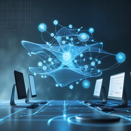 A futuristic digital network visualization glows with bright blue light, connecting abstract geometric shapes and nodes. In the foreground, several sleek computer monitors display glowing interfaces and data, arranged on a surface with illuminated circuit-like lines. The overall scene evokes a sense of advanced technology, data processing, and interconnectedness.の素材