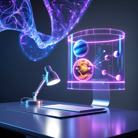 A sleek computer monitor displays a cylindrical holographic interface showing several planets and celestial bodies connected by lines. Above the screen, an abstract, glowing purple and blue light form twists and flows. A modern desk lamp illuminates the scene, casting light on the keyboard and desk surface.の素材