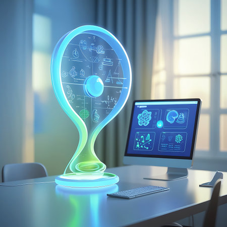 A modern office desk features a computer monitor displaying medical diagrams and data. To the left, a large, transparent, holographic display in a fluid, organic shape glows with blue and green light, showing intricate scientific diagrams and text. The scene is set in a softly lit room with a window in the background.の素材
