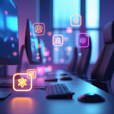 A sleek, modern office environment is shown with computer desks and chairs. Bright, neon-outlined digital icons representing various services and concepts float in the air, suggesting a technologically advanced and interconnected workspace.の素材