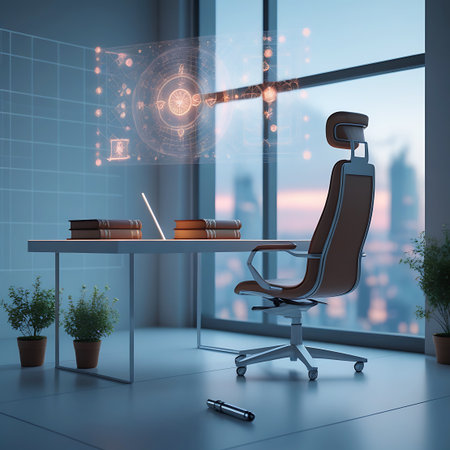 A modern office interior features a sleek desk with books and a laptop. An illuminated holographic display projects complex data visualizations, charts, and symbols in the air. A comfortable, modern office chair sits at the desk. Large windows offer a view of a city skyline at dusk. Potted plants add a touch of nature to the sophisticated, technology-driven environment.の素材