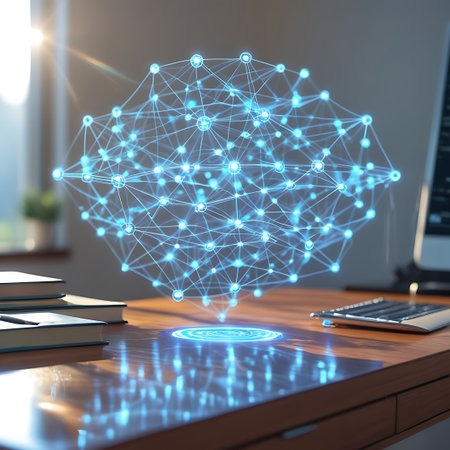 A luminous blue network of interconnected nodes and lines hovers above a wooden desk. The hologram emanates a soft glow, casting reflections on the polished surface. Books are stacked to the left, and a computer monitor is visible in the background, suggesting a workspace where digital information is being processed and visualized.の素材