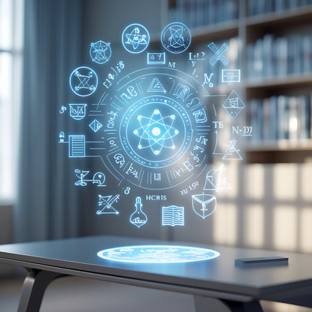 A glowing blue holographic projection of a science diagram hovers above a dark table. The circular display features an atomic model at its center, surrounded by various scientific symbols, equations, and icons representing different fields of study. In the blurred background, a bookshelf filled with books suggests a learning or research environment.の素材
