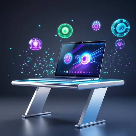 A futuristic laptop sits on a sleek, metallic desk. The laptop screen displays a vibrant, glowing digital interface with abstract geometric shapes and neon lines in shades of blue, purple, and green. Around the laptop, luminous particles and glowing geometric orbs float in the dark, atmospheric background, suggesting a digital or virtual environment.の素材