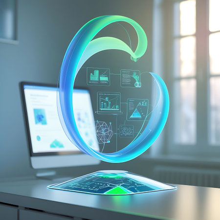 A glowing, translucent holographic interface hovers above a digital tablet on a desk. The interface displays complex data visualizations, including bar charts, line graphs, and network diagrams, rendered in vibrant blue and green hues. In the background, a computer monitor shows a similar data-driven interface, and a window with sunlight filtering through suggests an office or workspace environment.の素材