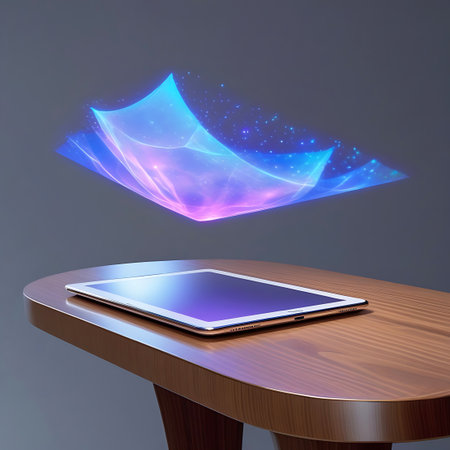 A sleek tablet rests on a polished wooden table. Above it, a vibrant, abstract holographic display shimmers with blue, pink, and purple light, emitting glowing particles and intricate light trails. The background is a muted gray, emphasizing the luminous and futuristic nature of the projected image.の素材