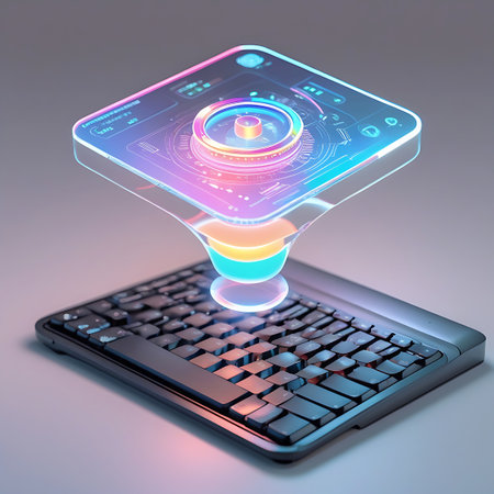 A translucent, futuristic interface hovers above a computer keyboard. The interface resembles a funnel, with glowing neon colors of pink, orange, and blue, suggesting a flow of data or information. Within the funnel, a circular element with concentric rings pulses with light. The keyboard below is sleek and modern, with illuminated keys. The overall image conveys a sense of advanced technology, data processing, and digital interaction.の素材