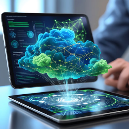 A futuristic holographic projection of a blue and green cloud with interconnected glowing lines and nodes hovers above a tablet screen displaying a digital interface. Another tablet in the background shows a similar data visualization. A person's hands are visible, interacting with the technology.の素材