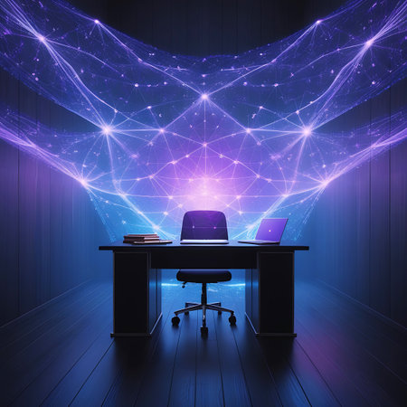 A modern office desk with a laptop and a notebook sits in a dark room. Above the desk, a vibrant, glowing network visualization unfolds, composed of interconnected lines and points in shades of purple and blue. The visualization appears to emanate from the walls and ceiling, creating a futuristic and technologically advanced atmosphere. The floor is made of dark wood planks, reflecting the ambient light.の素材