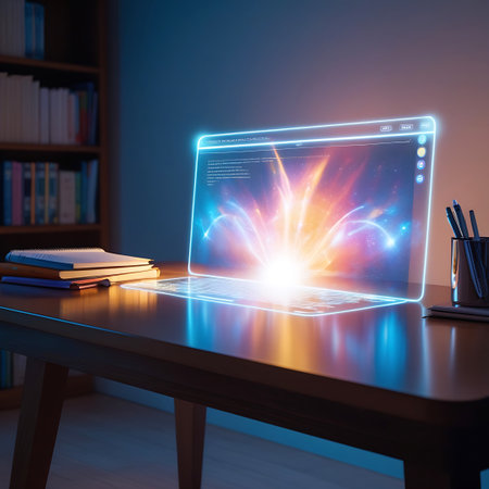 A futuristic holographic laptop is displayed on a wooden desk, its screen projecting a vibrant and energetic cosmic explosion with swirling colors of orange, yellow, blue, and purple. The laptop's interface is visible, showing text and icons. In the background, a bookshelf filled with books and a pen holder with pens are subtly illuminated. The overall scene evokes a sense of advanced technology and the vastness of space.の素材