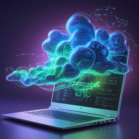 A modern laptop displays a vibrant, glowing digital cloud emanating from its screen. The cloud is filled with intricate network diagrams, scientific formulas, and abstract data visualizations in shades of blue and green. The background is a gradient of purple and blue, enhancing the futuristic and technological feel of the image.の素材