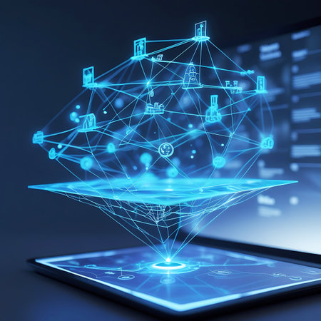 A futuristic holographic projection of a complex network system hovers above a tablet device. The network is depicted as a glowing blue structure of interconnected nodes and lines, with various icons representing different data points or functions. The tablet screen also displays glowing digital patterns. The background is dark and out of focus, emphasizing the luminous digital display.の素材