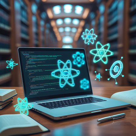 A laptop rests on a wooden desk in a library, its screen showcasing a vibrant blue atomic model and various scientific data. Surrounding the laptop are several floating holographic atomic structures and molecular visualizations, creating an atmosphere of advanced scientific exploration and digital learning. Open books and a pen are on the desk.の素材
