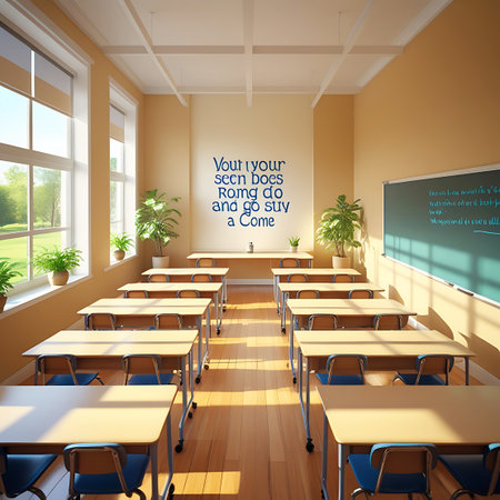 An empty classroom bathed in warm sunlight streaming through large windows. Rows of light-colored desks with blue chairs are neatly arranged on a polished wooden floor. Potted plants add a touch of green, and a blackboard on the wall displays text. The overall atmosphere is bright, clean, and ready for learning.の素材