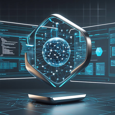 A futuristic digital sphere, intricately connected with glowing blue nodes and lines, floats above a sleek, metallic platform. Behind it, holographic screens display lines of code and complex data visualizations, all set against a dark, grid-like background. The overall aesthetic is one of advanced technology and interconnectedness.の素材