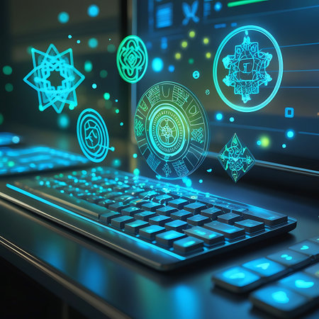 A close-up view of a sleek, modern keyboard illuminated with vibrant blue and green light. Above the keyboard, abstract digital symbols and geometric shapes float in a glowing, ethereal display, suggesting a futuristic interface or data visualization. The background is dark, with subtle hints of a computer screen and scattered light particles, emphasizing the technological and digital theme.の素材