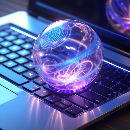 A vibrant, glowing sphere composed of swirling blue and purple energy patterns is positioned above the keys of a laptop. The sphere emits a bright, ethereal light that reflects on the metallic surface of the laptop and its keyboard. The background shows a blurred reflection of the sphere and a hint of a digital interface.の素材