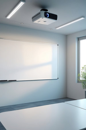 A contemporary classroom or meeting room is depicted, featuring a large, blank whiteboard mounted on the wall. A projector is suspended from the ceiling, positioned above the whiteboard, with two linear light fixtures flanking it. A window allows natural light to enter, creating a bright and clean environment.の素材