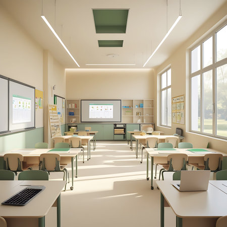 A modern school classroom illuminated by abundant natural light from large windows. Desks with laptops are arranged in rows, facing a projector screen displaying educational content. The room features a green accent wall, bookshelves, and a clean, uncluttered design conducive to learning.の素材