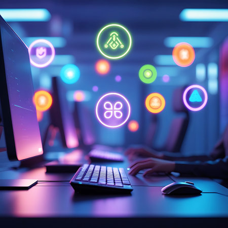 A modern office interior is depicted with computer workstations and a desk in the foreground. Floating, glowing neon icons representing various digital concepts hover in the air, creating a futuristic and abstract representation of technology and data flow.の素材