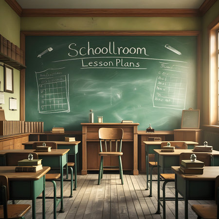 A vintage classroom interior with a prominent green chalkboard that reads "Schoolroom Lesson Plans" and features chalk drawings. Wooden desks with green metal legs are arranged in rows. A wooden teacher's chair is positioned centrally. Books are visible on shelves and desks. Sunlight streams through a window, illuminating the wooden floorboards.の素材