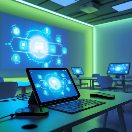 A modern classroom setting featuring a tablet with a glowing digital interface displaying a network diagram. In the background, a large projection screen shows similar abstract digital graphics. The room is illuminated with cool blue and green lighting, highlighting the technological focus of the environment.の素材