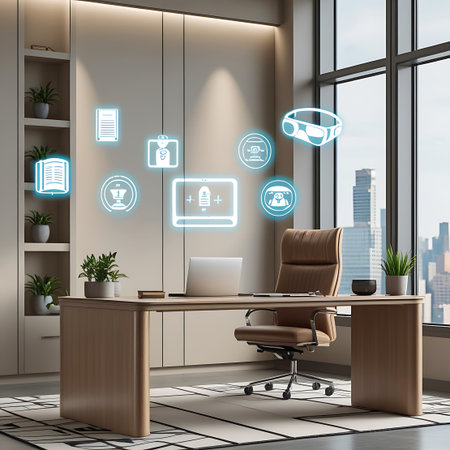 A sleek, modern office features a wooden desk and a leather executive chair. Above the desk, various holographic icons representing technology and information float in the air, including VR glasses, a document, a book, and a computer screen. Shelves with plants and a large window with a city view complete the scene.の素材