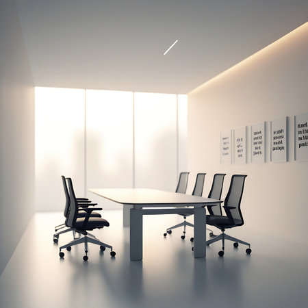 A modern, minimalist conference room featuring a long, sleek table surrounded by ergonomic, wheeled chairs. The room is brightly lit by natural light from large windows and subtle ceiling lighting. White walls and a light-colored floor create a clean and spacious atmosphere, ideal for business meetings and collaboration.の素材