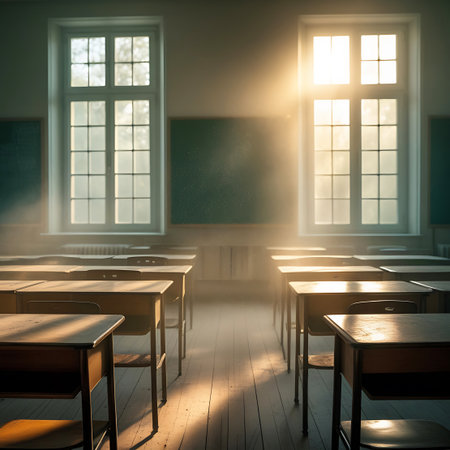 A vintage classroom interior is illuminated by bright sunbeams pouring through large windows. The light catches dust particles, creating visible rays that highlight the empty wooden desks and chairs. The wooden floor is patterned with light and shadow. A blackboard is present on the wall, contributing to the nostalgic and serene atmosphere of the empty educational space.の素材