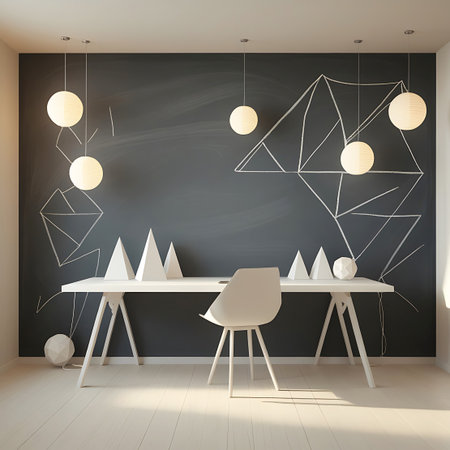 A minimalist white desk stands against a dark chalkboard wall adorned with white chalk drawings of geometric shapes, including triangles, pyramids, and spheres. Several white spherical pendant lamps hang from the ceiling, casting a soft glow. The room features a light wooden floor and a clean, modern aesthetic.の素材