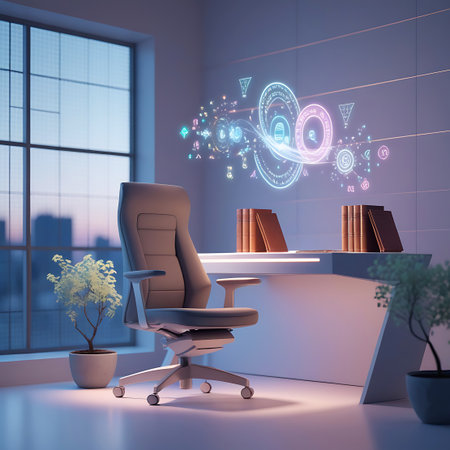 A contemporary office space is depicted with a sleek desk and a modern ergonomic chair. A vibrant, glowing holographic display hovers above the desk, showcasing abstract, colorful symbols and swirling patterns. Books are neatly stacked on the desk, and a small potted plant sits nearby. The room is softly lit, creating a serene and technologically advanced atmosphere.の素材