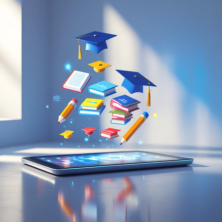 An illustration representing online learning, showing a tablet device with a bright, glowing screen. Above the tablet, graduation caps, colorful books, and pencils are suspended in the air, suggesting a dynamic and accessible educational experience. The scene is set against a soft blue background with subtle lighting effects.の素材