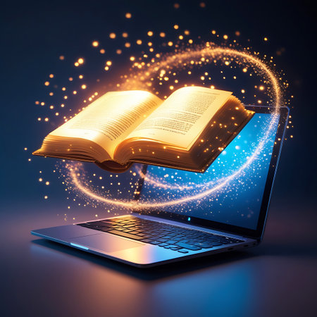 A sleek laptop is shown with an open book appearing to float from its screen. The book is illuminated with a bright, warm golden light, and a circular trail of sparkling orange light particles swirls around it. The background is a deep, dark blue, creating a dramatic contrast and highlighting the magical, illuminated book and light effects.の素材