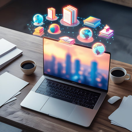 An open laptop is positioned on a wooden desk, with a blurred city skyline visible on its screen. A cluster of illuminated educational icons, including globes, books, and graduation caps, hovers above the laptop. A coffee cup, a computer mouse, and several sheets of paper are also on the desk.の素材