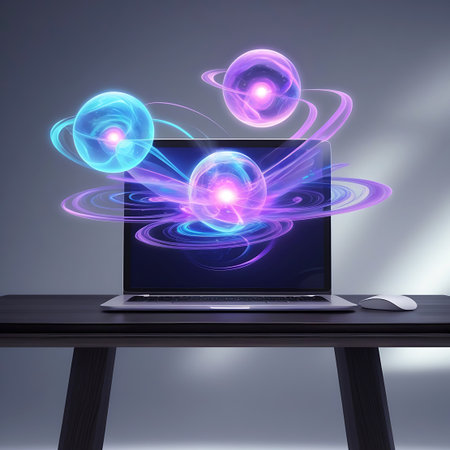 An open silver laptop rests on a dark wooden desk. The screen displays a dynamic image of glowing purple and blue orbs with swirling energy trails and rings. Two additional orbs are depicted floating above and to the sides of the screen, connected by luminous purple and blue waves. A white computer mouse is positioned to the right of the laptop. The background is a soft, gradient gray.の素材