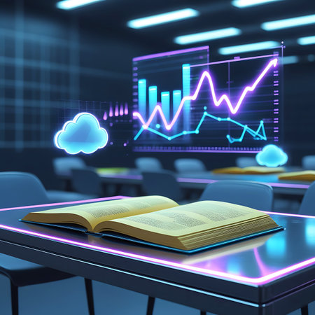 An open book lies on a dark, reflective table, projecting a vibrant holographic financial graph with a rising trend line. The graph is rendered in neon pink and blue. A glowing cloud icon is also visible. The background is a blurred, modern meeting room with rows of chairs and glowing ceiling lights, creating a futuristic atmosphere.の素材