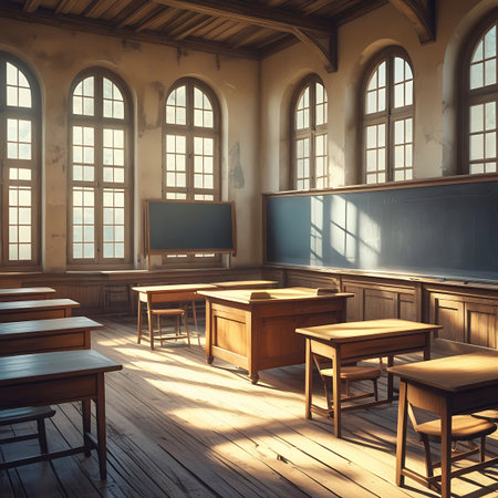 An empty, old-fashioned classroom bathed in sunlight streaming through tall, arched windows. Rows of wooden desks and chairs are arranged on a wooden floor, leading towards a large blackboard. The warm light creates dramatic shadows, highlighting the rustic and historic atmosphere of the room.の素材