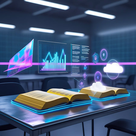 Two open books rest on a sleek table, each projecting holographic displays. One book shows a bar graph with rising lines, while the other displays cloud icons and text. The projections are illuminated with vibrant neon colors, including pink and blue, against a dark, modern room setting with blurred tables and chairs.の素材