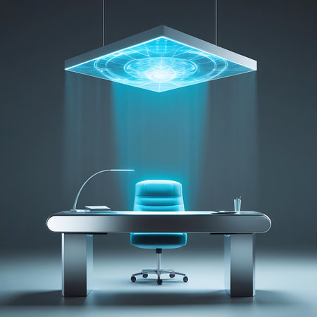 A solitary, ergonomic blue office chair is positioned at a sleek, modern desk. Above the desk, a square holographic display emits a bright blue light, showing intricate digital patterns and network schematics. A curved desk lamp illuminates the surface, creating a focused and technologically advanced workspace.の素材
