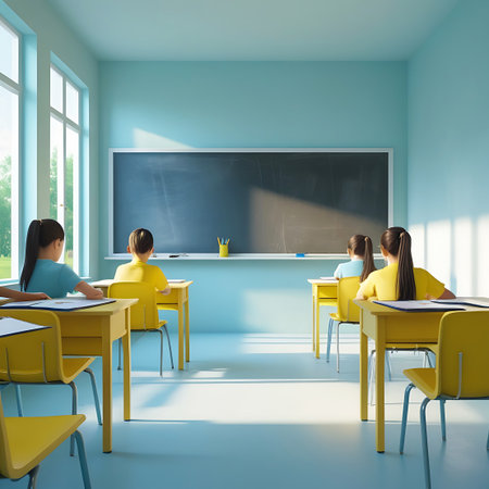 A bright and airy classroom interior is depicted. Several students, seen from behind, are seated at yellow desks with yellow chairs. Large windows on the left side of the room let in ample natural light, casting shadows on the pale blue walls and light blue floor. A large, dark blackboard hangs on the back wall, with a yellow tray holding writing utensils.の素材