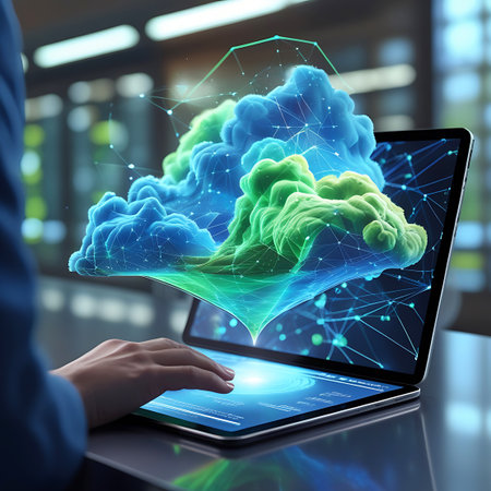 A person's hands are shown interacting with a laptop screen that displays a digital interface. Above the screen, a vibrant holographic projection of a blue and green cloud with glowing network lines and nodes is visible. The background suggests a modern office environment.の素材