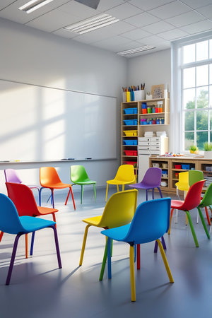 This image captures a bright school classroom with a scattering of colorful chairs in red, blue, yellow, purple, and green. A large whiteboard is present, along with a window providing natural light. Storage units with shelves and bins are visible, suggesting a well-equipped learning space.の素材