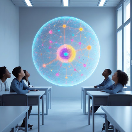 Several young students are seated at desks in a bright, modern classroom, their attention focused on a large, glowing holographic sphere projected in front of them. The sphere is a complex network of interconnected nodes and lines, glowing with vibrant colors, suggesting a visualization of data, global connections, or artificial intelligence. The setting is clean and futuristic, highlighting advanced educational technology.の素材