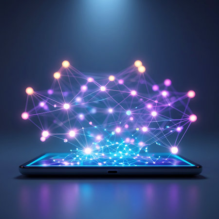 A smartphone projects a luminous, abstract digital network structure above its screen. The network is composed of interconnected glowing nodes and lines in shades of blue, purple, and orange, creating a dynamic and futuristic visual. The device is set against a dark background, with light reflecting from the screen and the projected digital elements.の素材