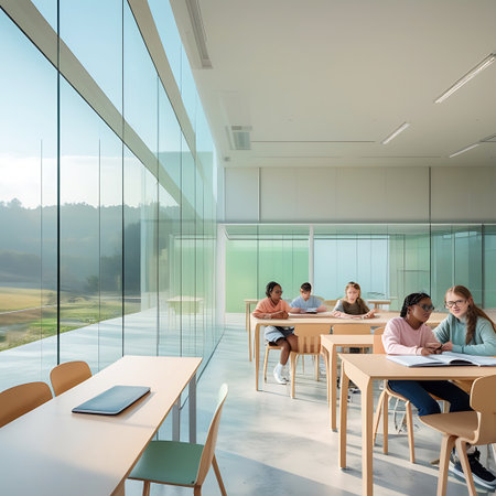 A bright, modern classroom filled with students engaged in various learning activities. Large glass walls provide a panoramic view of a green landscape. Students are seated at desks, some in groups, reading and interacting. The space is filled with natural light, creating a welcoming and contemporary educational setting.の素材