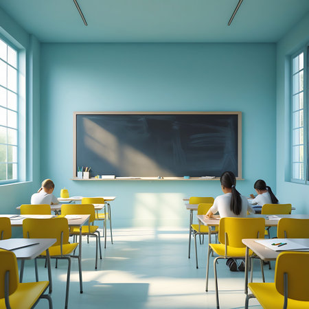 This image shows a classroom setting with students seated at yellow desks. The room has light blue walls and a light blue floor, with large windows on both sides allowing sunlight to stream in, creating bright patches of light. A prominent dark blackboard is mounted on the back wall, with a tray of writing supplies. The students are facing the blackboard, engaged in learning activities.の素材