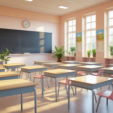 A bright and airy school classroom with pastel-colored walls and a wooden floor. Sunlight streams through multiple windows, illuminating rows of student desks and chairs. A blackboard hangs on the wall, accompanied by educational posters and a wall clock. Potted plants add a touch of greenery to the organized and welcoming learning environment.の素材