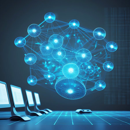 A row of sleek computer monitors with glowing screens is arranged on a grid-patterned surface. In the center of the frame, a large, intricate 3D abstract network structure composed of glowing blue spheres and connecting lines dominates the space. The overall image evokes themes of advanced computing, data connectivity, and complex systems.の素材