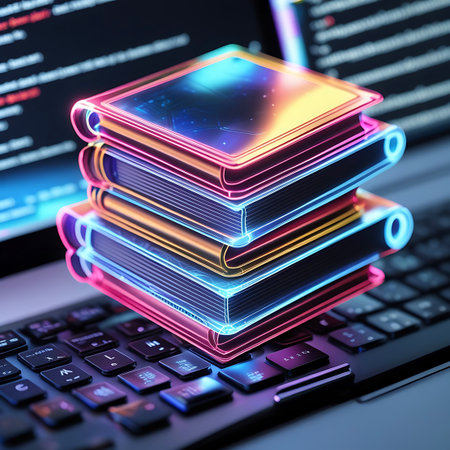A stack of books glows with vibrant neon outlines in pink, blue, and yellow, resting on a computer keyboard. The background shows a blurred screen with lines of code, suggesting a digital or technological context for learning and knowledge acquisition.の素材